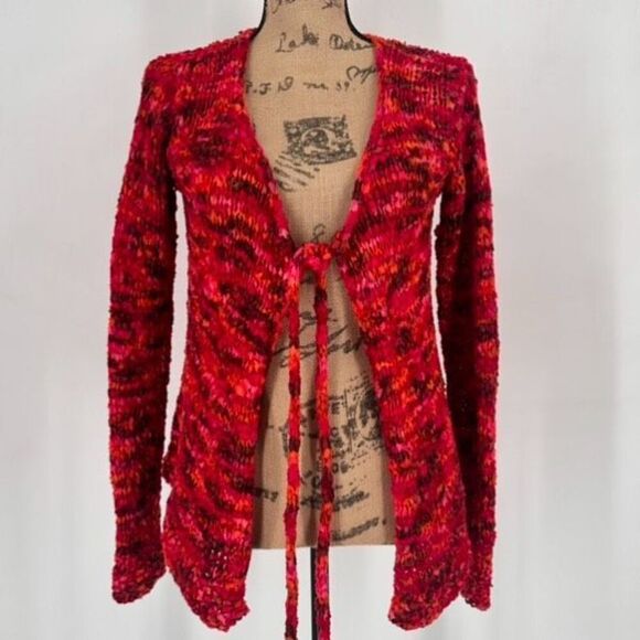 Hand Knit Handmade Loose Knit Colorful Front Tie Cardigan Boho Hippie Y2K Medium - Picture 2 of 12